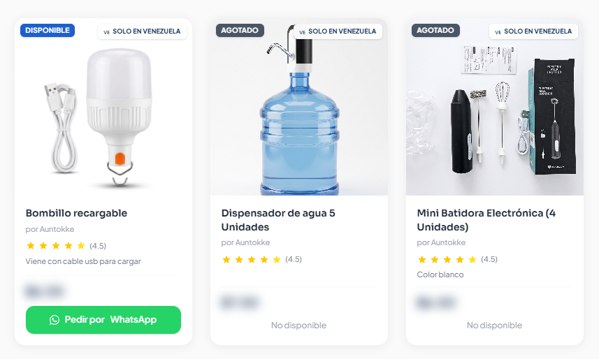 Catálogo de productos de auntokke con fotos, disponibilidad y botón Pedir por WhatsApp; los precios están difuminados
