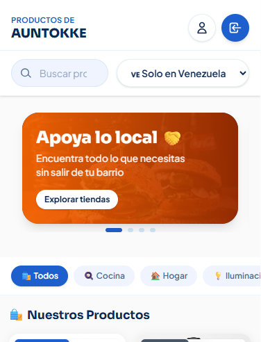 Pantalla de inicio de AUNTOKKE con buscador, promociones y categorías
