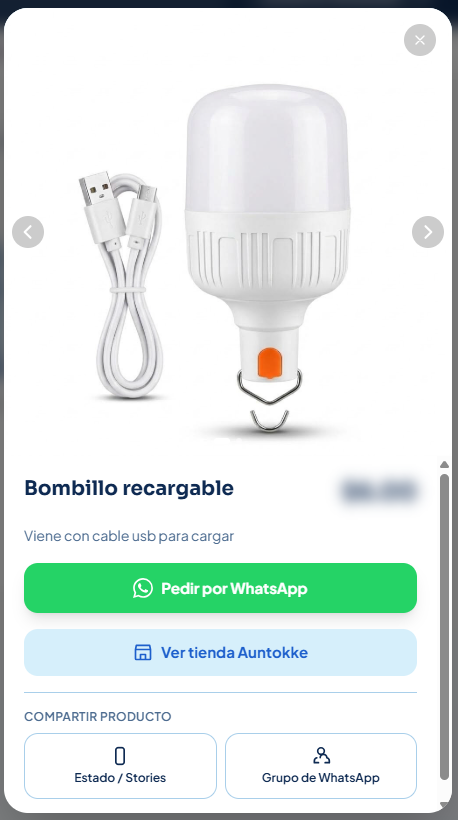 Detalle de un producto con botón Pedir por WhatsApp y opciones para compartir en Estado o grupos; el precio está difuminado