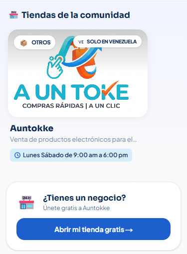 Sección Tiendas de la comunidad de AUNTOKKE con el botón Abrir mi tienda gratis